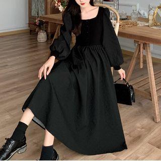 Square-neck Knit Panel Midi A-line Dress