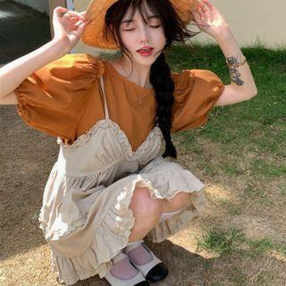 Puff-sleeve Blouse / Ruffled Overall Dress