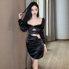 Long-sleeve Rhinestone Chained Cutout Sheath Dress