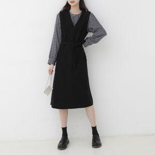 Set: Long-sleeve Plaid Top / Midi A-line Pinafore Dress