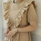 Puff-sleeve Frilled Empire Dress Beige - One Size