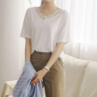 V-neck Lace-trim Textured T-shirt