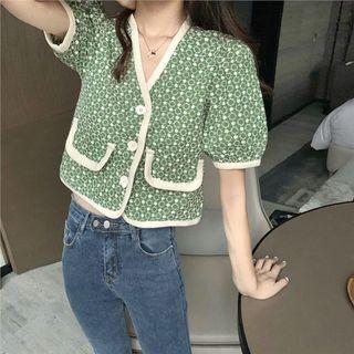 Contrast Trim Floral V-neck Short-sleeve Cropped Blouse