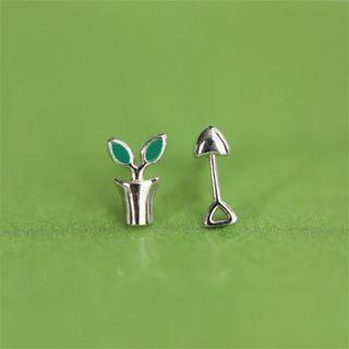 Plant & Shovel Asymmetrical Sterling Silver Earring 1 Pair - Silver - One Size