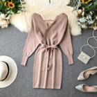 Scallop Hem Wrap Tie-waist Knit Dress