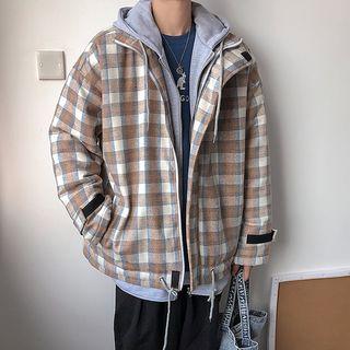 Mock Two-piece Plaid Hooded Zip Jacket