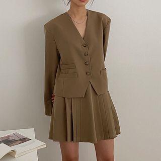 Set: V-neck Blazer + Pleated Skirt Set Of 2 - Khaki - One Size