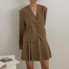 Set: V-neck Blazer + Pleated Skirt Set Of 2 - Khaki - One Size