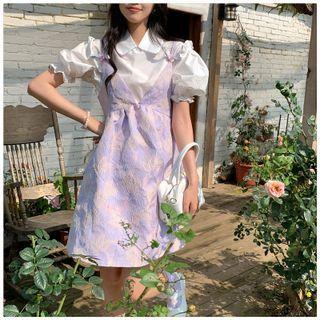 Short-sleeve Plain Blouse / Spaghetti Strap Print Mini Dress