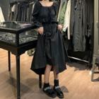 Long-sleeve Cropped Blouse / Buckled Irregular Midi A-line Skirt