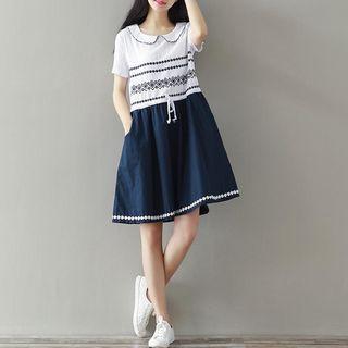 Embroidered Color Panel Short Sleeve Dress