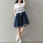 Embroidered Color Panel Short Sleeve Dress