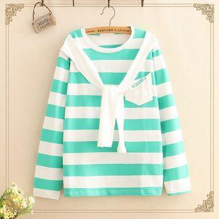 Pocket-front Tie-neck Color-block Stripe Top