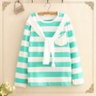 Pocket-front Tie-neck Color-block Stripe Top