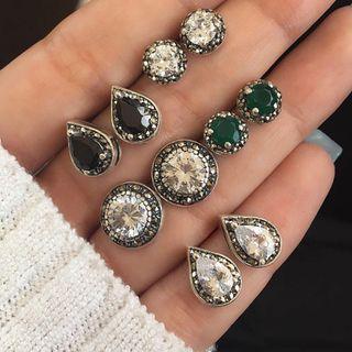 6 Pair Set: Rhinestone Faux Pearl Alloy Earring (assorted Designs) 6 Pair Set - As Shown In Figure - One Size