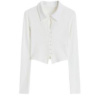 Collared Faux Pearl Cropped T-shirt