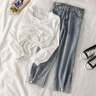 Ruffle Trim Blouse / Wide Leg Jeans