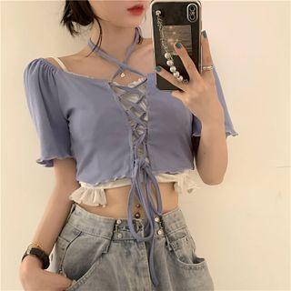 Puff-sleeve Drawstring Halter Cropped Top / Plain Ruffle Trim Asymmetric Lace Top