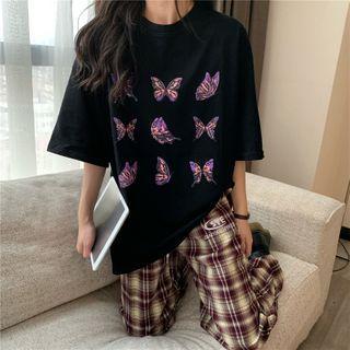Butterfly Print Elbow-sleeve T-shirt / Long-sleeve Mesh Top