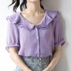 Puff-sleeve Peter Pan Collar Plain Blouse Purple - M