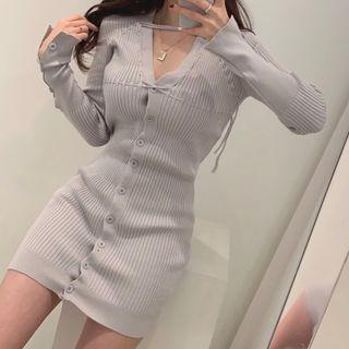 Long-sleeve Button-up Knit Mini Sheath Dress