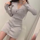 Long-sleeve Button-up Knit Mini Sheath Dress