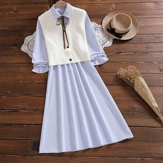Bow-neck Corduroy Midi A-line Dress / Button-up Vest / Set