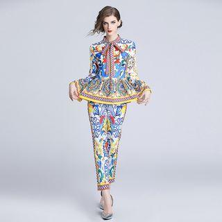 Set: Patterned Bell-sleeve Top + Straight-cut Pants