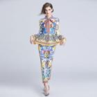Set: Patterned Bell-sleeve Top + Straight-cut Pants
