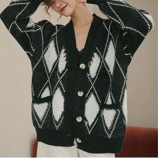 Argyle V-neck Knit Cardigan Dark Green - One Size