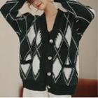 Argyle V-neck Knit Cardigan Dark Green - One Size