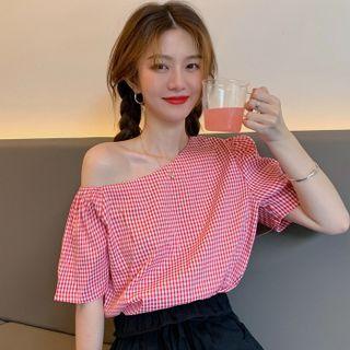 One-shoulder Plaid Top