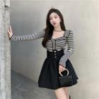 Long-sleeve Striped Knit Top / High Waist Mini A-line Skirt