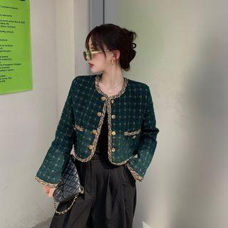 Braided Trim Plaid Buttoned Jacket