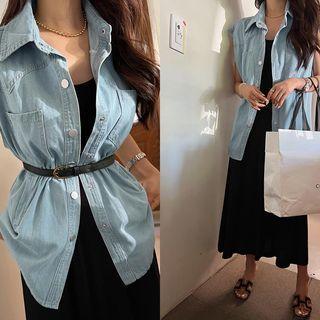 Sleeveless Denim Shirt With Belt