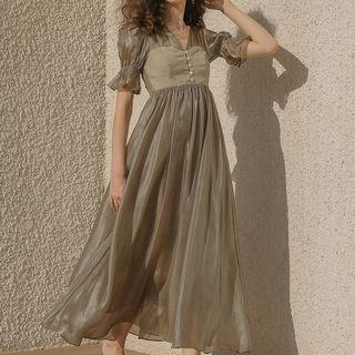 Puff-sleeve V-neck Buttoned Maxi Dress