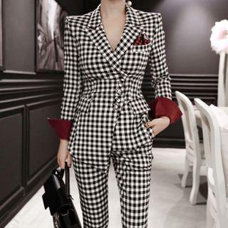 Set: Irregular Checked Single Breasted Blazer + Tapered Dress Pants