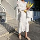Round-neck Pleated Long Dress White - One Size