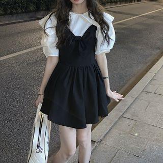 Elbow-sleeve Blouse / Overall A-line Dress