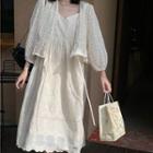 Floral Light Jacket / Spaghetti Strap Embroidered A-line Dress