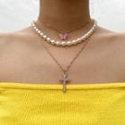 Rhinestone Cross Butterfly Pendant Faux Pearl Layered Choker Necklace 1 Pc - 0750 - Gold - One Size