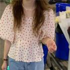 Puff-sleeve V-neck Heart Print Blouse Shirt - One Size