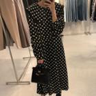 Long-sleeve Collared Dotted Midi A-line Dress Black - One Size