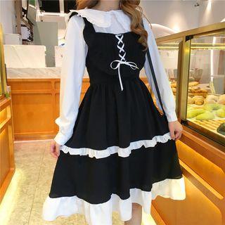 Peter-pan-collar Blouse / Ruffle Trim Pinafore Dress