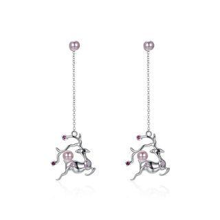 925 Sterling Silver Sika Deer Pearl Tassel Earrings With Austrian Element Crystal Silver - One Size
