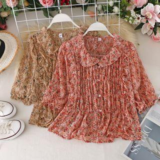 Doll Collar Lantern-sleeved Floral Chiffon Top