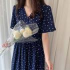 Surplice-wrap Heart-pattern Long Dress Navy Blue - One Size