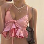Ruffle Cropped Halter Top Pink - One Size