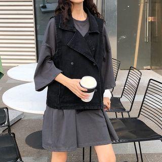 3/4-sleeve Mini T-shirt Dress / Double-breasted Vest