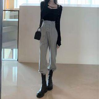 Set: Cropped Cardigan + Camisole + Paperbag-waist Lace-up Pants